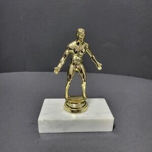VTG Wrestling Trophy Gold Tone Figure White Carrara Marble Base Made in Italy